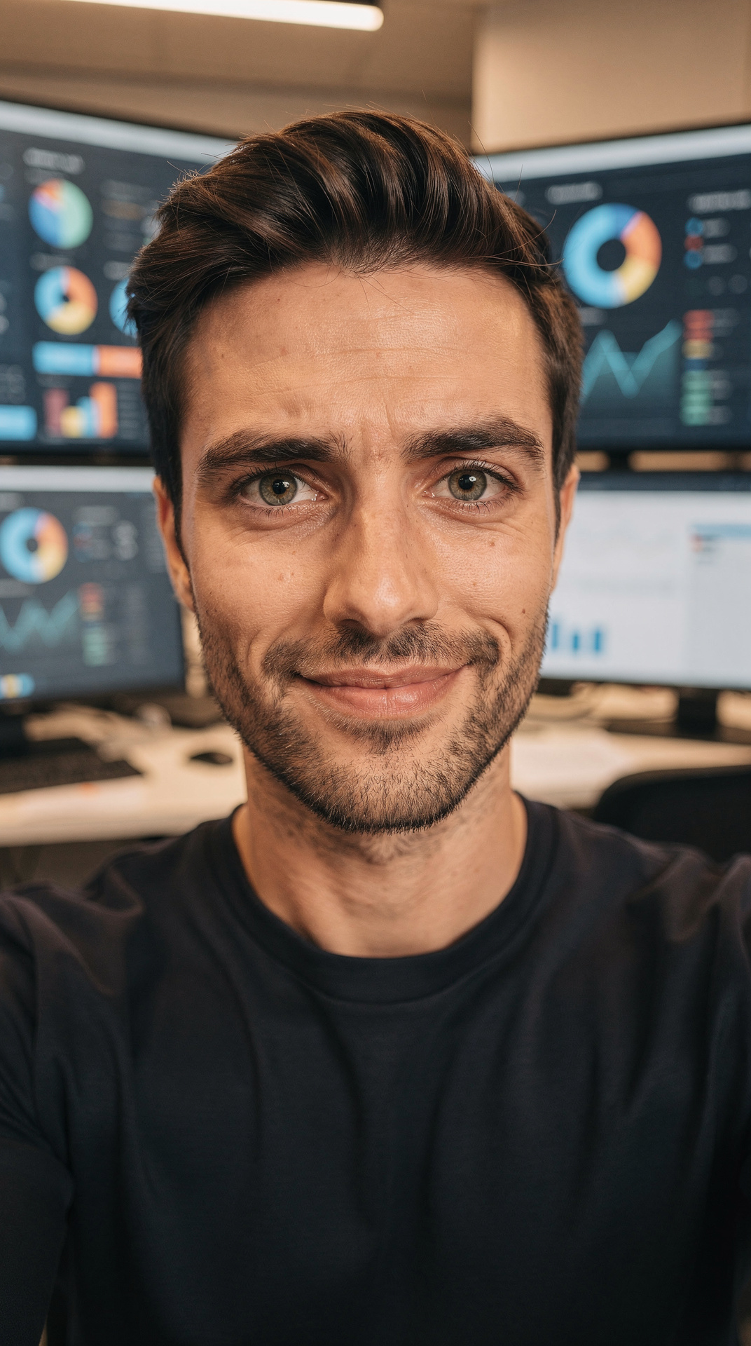 SEO professional at a multi-monitor analytics setup