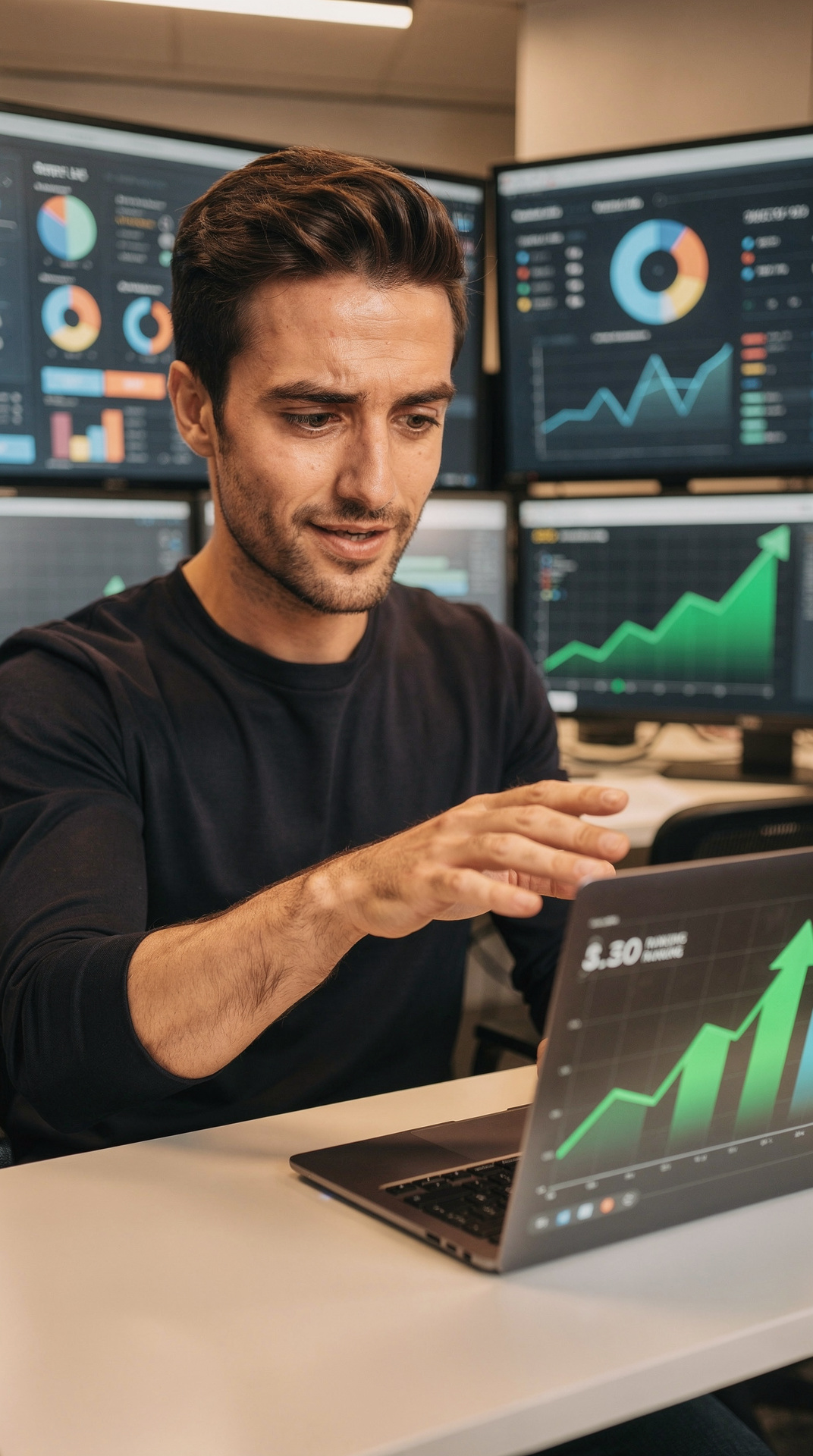 SEO operator reviewing a rising ranking chart